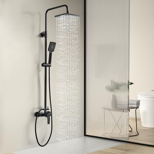 Duschsystem mit Duscharmatur Schwarz | Coleniny Duschset mit Mischbatterie Dusche Höhenverstellbar 110-145cm | Regenduschkopf 21x21cm | Handbrause und 150cm Schlauch | Duscharmatur Komplettset von Coleniny