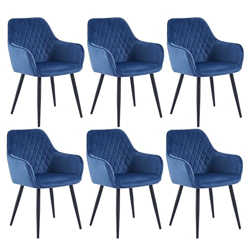 Colenis Esszimmerstühle, 6er Set für Küche, Wohnzimmer, Schlafzimmer, Küchenstühle mit Armlehnen Metallbeinen, gepolsterte Sitzfläche aus Samt, bis 120 kg belastbar, Blau - Beverly von Colenis