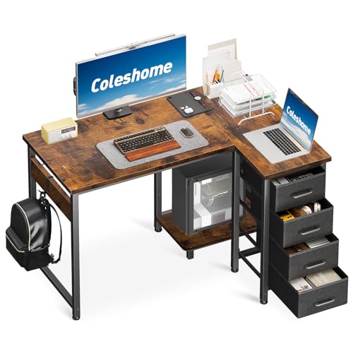Coleshome Eckschreibtisch, 100x70cm Schreibtisch L Form mit 4 Schubladen, Umkehrbarer Computertisch for Büro Arbeitszimmer Schlafzimmer, Vintage Brown von Coleshome