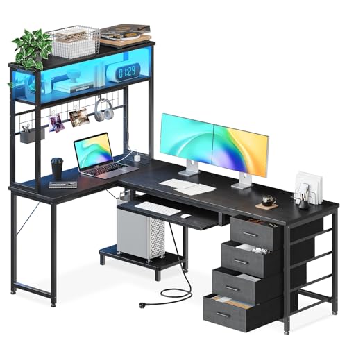 Coleshome Gaming Tisch mit Schubladen, 149.5 × 100 cm Gaming Eckschreibtisch mit LED und Steckdose, Gaming Tisch mit Ablagefach und Tastaturablage für Gamer, Schwarz Coleshome Gaming Tisch mit Schubladen, 149.5 × 100 cm Gaming Eckschreibtisch mit LED und Steckdose, Gaming Tisch mit Ablagefach und Tastaturablage für Gamer, Schwarz von Coleshome