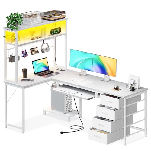 Coleshome Gaming Tisch mit Schubladen, 149.5 × 100 cm Gaming Eckschreibtisch mit LED und Steckdose, Gaming Tisch mit Ablagefach und Tastaturablage für Gamer, Weiß Coleshome Gaming Tisch mit Schubladen, 149.5 × 100 cm Gaming Eckschreibtisch mit LED und Steckdose, Gaming Tisch mit Ablagefach und Tastaturablage für Gamer, Weiß von Coleshome