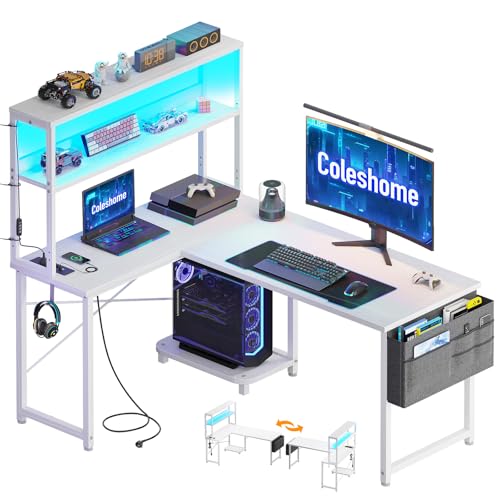Coleshome Gaming Tisch L Form mit LED & Steckdosen, 115 × 80 cm Reversibel Gaming Schreibtisch mit Ablageregalen, Eckschreibtisch mit Aufbewahrungstasche für Homeoffice und Gaming, Weiß Coleshome Gaming Tisch L Form mit LED & Steckdosen, 115 × 80 cm Reversibel Gaming Schreibtisch mit Ablageregalen, Eckschreibtisch mit Aufbewahrungstasche für Homeoffice und Gaming, Weiß von Coleshome