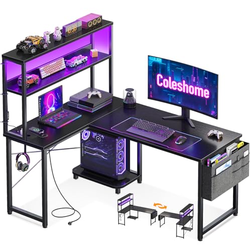 Coleshome Gaming Tisch L Form mit LED & Steckdosen, 115 × 80 cm Reversibel Gaming Schreibtisch mit Ablageregalen, Eckschreibtisch mit Aufbewahrungstasche für Homeoffice und Gaming, Schwarz Coleshome Gaming Tisch L Form mit LED & Steckdosen, 115 × 80 cm Reversibel Gaming Schreibtisch mit Ablageregalen, Eckschreibtisch mit Aufbewahrungstasche für Homeoffice und Gaming, Schwarz von Coleshome