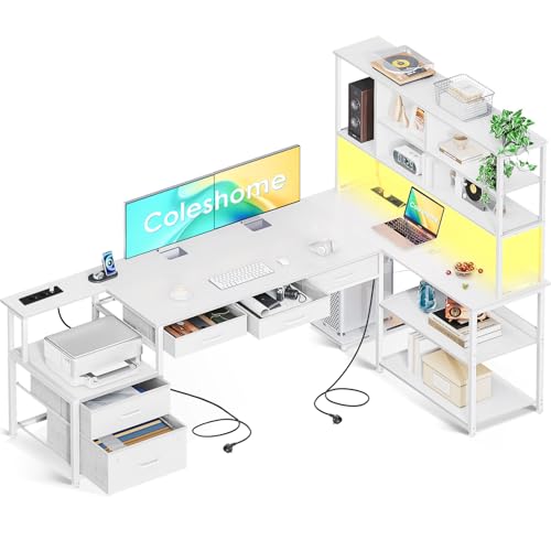 Coleshome Eckschreibtisch mit 5 Schubladen & 4 Regalen, 200×110cm Schreibtisch L-Form mit LED, Steckdosen & USB, großer Schreibtisch für Homeoffice, Weiß Coleshome Eckschreibtisch mit 5 Schubladen & 4 Regalen, 200×110cm Schreibtisch L-Form mit LED, Steckdosen & USB, großer Schreibtisch für Homeoffice, Weiß von Coleshome