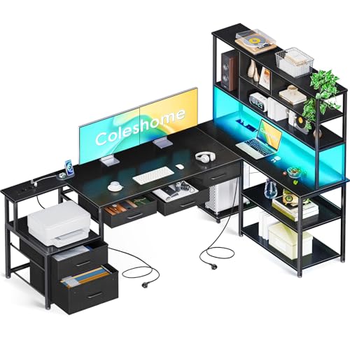 Coleshome Eckschreibtisch mit 5 Schubladen & 4 Regalen, Schreibtisch L-Form mit LED, Steckdosen & USB, großer Schreibtisch für Homeoffice, Schwarz, 180×100cm Coleshome Eckschreibtisch mit 5 Schubladen & 4 Regalen, Schreibtisch L-Form mit LED, Steckdosen & USB, großer Schreibtisch für Homeoffice, Schwarz, 180×100cm von Coleshome