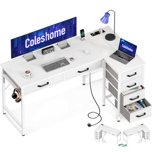 Coleshome Eckschreibtisch mit 6 Schubladen, Schreibtisch L Form mit Steckdose, Weiß PC Tisch und Computertisch mit Stauraum, Umkehrbarer Bürotisch fürs Schlafzimmer mit Haken, 126x80 cm Coleshome Eckschreibtisch mit 6 Schubladen, Schreibtisch L Form mit Steckdose, Weiß PC Tisch und Computertisch mit Stauraum, Umkehrbarer Bürotisch fürs Schlafzimmer mit Haken, 126x80 cm von Coleshome