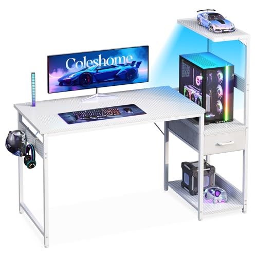 Coleshome Gaming Tisch mit LED-Beleuchtung,120×48cm Gaming Schreibtisch mit Schubladen und Regal, Umkehrbarer Computertisch mit Kopfhörerhalterung, Carbon Fiber Weiß von Coleshome
