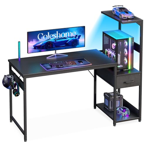 Coleshome Gaming Tisch mit LED-Beleuchtung,120×48cm Gaming Schreibtisch mit Schubladen und Regal, Umkehrbarer Computertisch mit Kopfhörerhalterung, Carbon Fiber Schwarz von Coleshome