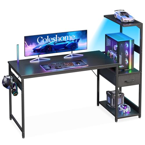 Coleshome Gaming Tisch mit LED-Beleuchtung,138×48cm Gaming Schreibtisch mit Schubladen und Regal, Umkehrbarer Computertisch mit Kopfhörerhalterung, Carbon Fiber Schwarz von Coleshome