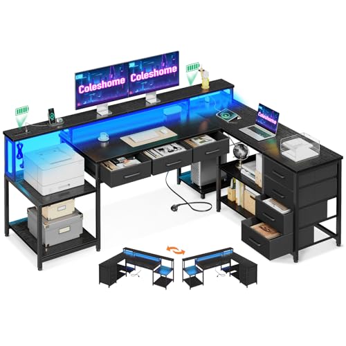 Coleshome Gaming Tisch mit 7 Schubladen & Großzügigem Stauraum, Eckschreibtisch mit RGB LED, Reversibler Schreibtisch L Form mit 2 Steckdosen, Ideal für Büro & Gaming, 179.5×135.5cm, Schwarz von Coleshome