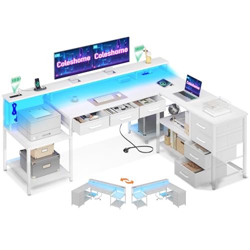 Coleshome Gaming Tisch mit 7 Schubladen & Großzügigem Stauraum, Eckschreibtisch mit RGB LED, Reversibler Schreibtisch L Form mit 2 Steckdosen, Ideal für Büro & Gaming, 179.5×135.5cm, Weiß von Coleshome