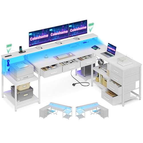 Coleshome Gaming Tisch mit 7 Schubladen & Großzügigem Stauraum, 199.5×145.5cm Eckschreibtisch mit RGB LED, Reversibler Schreibtisch L Form mit 2 Steckdosen, Ideal für Büro & Gaming, Weiß von Coleshome