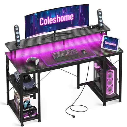 Coleshome Gaming Tisch mit LED-Beleuchtung, Gaming Schreibtisch mit 2 Steckdosen & 2 USB-Anschlüssen, Computertisch mit Monitorständer & Stauraum, Home Office Schreibtisch, Schwarz, 120x50cm von Coleshome