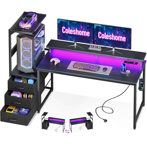 Coleshome Gaming Tisch mit mit Schubladen, 151×50cm Gaming Schreibtisch mit LED-Beleuchtung & Steckdose, Computertisch mit Ablageflächen & Monitorständer, Carbon Fiber Schwarz von Coleshome