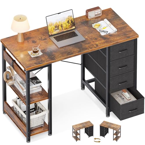 Coleshome Kleiner Schreibtisch mit 4 Schubladen, 100x40cm Schreibtisch mit Stauraum, Umkehrbarer Computertisch mit Regalen PC Tisch für Büro Arbeitszimmer Schlafzimmer, Braun von Coleshome