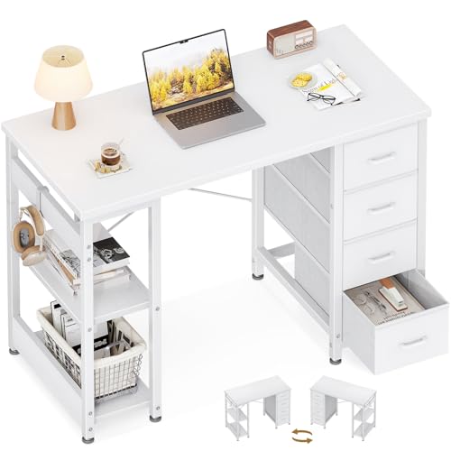 Coleshome Kleiner Schreibtisch mit 4 Schubladen, 100x40cm Schreibtisch mit Stauraum, Umkehrbarer Computertisch mit Regalen PC Tisch für Büro Arbeitszimmer Schlafzimmer, Weiß von Coleshome