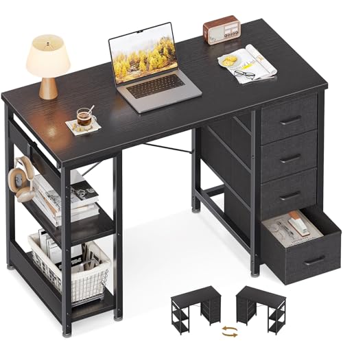 Coleshome Kleiner Schreibtisch mit 4 Schubladen, 100x40cm Schreibtisch mit Stauraum, Umkehrbarer Computertisch mit Regalen PC Tisch für Büro Arbeitszimmer Schlafzimmer, Schwarz von Coleshome