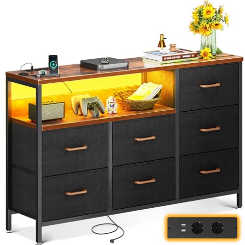 Coleshome Kommode mit Schubladen, mit Farbwechsel-LED-Streifen und 2 USB & 2 AC Ports Steckdosen, Komodenschrank mit 7 Stoffschubladen für Schlafzimmer, Wohnzimmer, 132 * 30 * 89cm, Retro Farbe von Coleshome