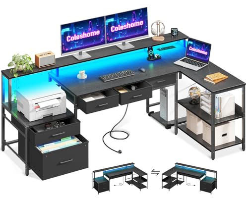 Coleshome Schreibtisch L Form mit Schubladen, 175x100cm Gaming Tisch mit Steckdose, LED & Monitorständer, Reversibler Eckschreibtisch mit Stauraum, Computertisch mit Regal für Büro, Schwarz von Coleshome