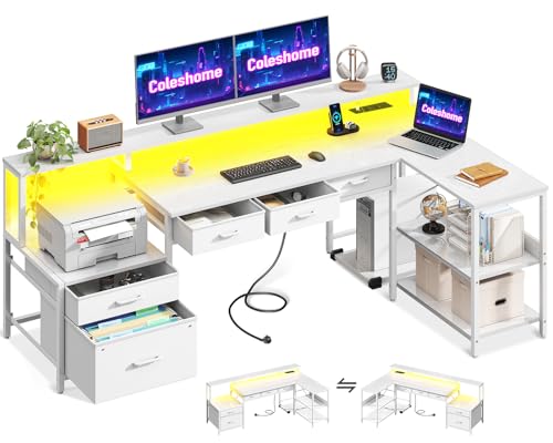 Coleshome Schreibtisch L Form mit Schubladen, 175x100cm Gaming Tisch mit Steckdose, LED & Monitorständer, Reversibler Eckschreibtisch mit Stauraum, Computertisch mit Regal für Büro, Weiß Coleshome Schreibtisch L Form mit Schubladen, 175x100cm Gaming Tisch mit Steckdose, LED & Monitorständer, Reversibler Eckschreibtisch mit Stauraum, Computertisch mit Regal für Büro, Weiß von Coleshome