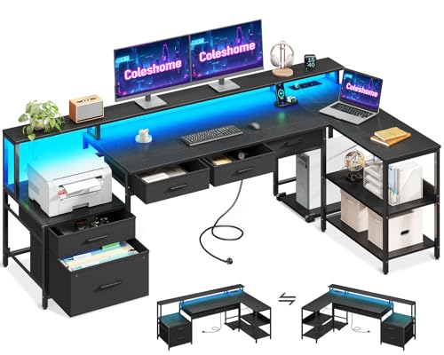 Coleshome Schreibtisch L Form mit Schubladen, 195x100cm Gaming Tisch mit Steckdose, LED & Monitorständer, Reversibler Eckschreibtisch mit Stauraum, Computertisch mit Regal für Büro, Schwarz von Coleshome