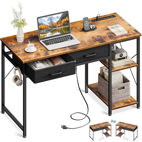Coleshome Laptop Schreibtisch, 40 Zoll Kleiner Schreibtisch mit Schubladen und Steckdose für Schlafzimmer, Computerschreibtisch Home Office Schreibtisch mit Ablageböden, Wendbarer Studiertisch für von Coleshome