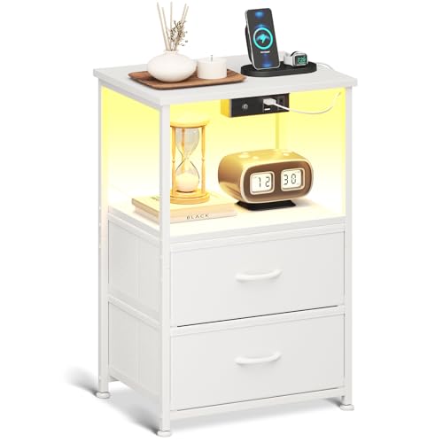 Coleshome Nachttisch Weiß, mit 2 USB und 1 Steckdosen und LED-Leuchtbänder, Nachttische mit 2 Stoffschubladen und 1 Speicherplatz, Geeignet für Kleine Schlafzimmer, 40 * 30 * 60cm, Packung mit 1 von Coleshome