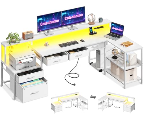 Coleshome Schreibtisch L Form mit Schubladen, 195x100cm Gaming Tisch mit Steckdose, LED & Monitorständer, Reversibler Eckschreibtisch mit Stauraum, Computertisch mit Regal für Büro, Weiß von Coleshome