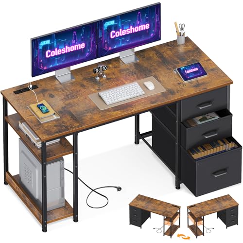 Coleshome Schreibtisch mit Stoff Schubladen, 130x48cm Computertisch 2 Steckdosen und 2 USB Ladeanschluss, PC Tisch mit Regal Reversible Bürotisch für Büro, Wohnzimmer, Braun von Coleshome