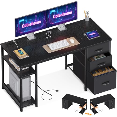 Coleshome Schreibtisch mit Stoff Schubladen, 130x48cm Computertisch 2 Steckdosen und 2 USB Ladeanschluss, PC Tisch mit Regal Reversible Bürotisch für Büro, Wohnzimmer, Schwarz von Coleshome