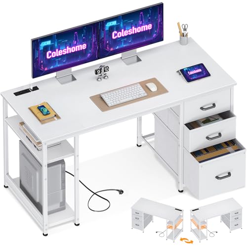 Coleshome Schreibtisch mit Stoff 3 Schubladen, 130x48cm Computertisch mit 2 Steckdosen Und 2 USB Ladeanschluss, PC Tisch mit Regal Reversible Bürotisch für Büro, Wohnzimmer, Weiß von Coleshome