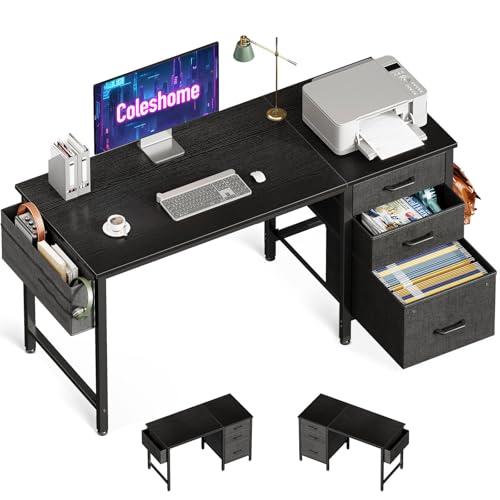Coleshome Schreibtisch mit 3 Stoff Schubladen, Computertisch mit Kopfhörerhalter und Aufbewahrungstasche, Reversibler PC-Schreibtisch Bürotisch für kleines Heimbüro (Schwarz, 120x48cm) von Coleshome