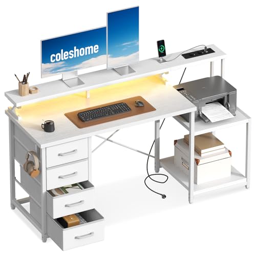 Coleshome Schreibtisch mit 4 Schubladen aus Stoff, Computertisch mit der Druckerständer und LED-Leuchten, Reversibler Gaming Tisch mit Steckdose, Home Office Schreibtische, Weiß, 140x48cm von Coleshome