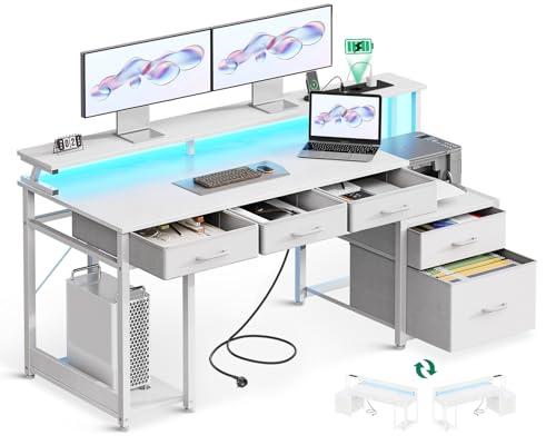 Coleshome Schreibtisch mit 5 Schubladen aus Stoff, Computertisch mit Monitorständer und LED-Leuchten, Reversibler Gaming Tisch mit Steckdose, Home Office Schreibtische, Weiß, 140x48cm von Coleshome