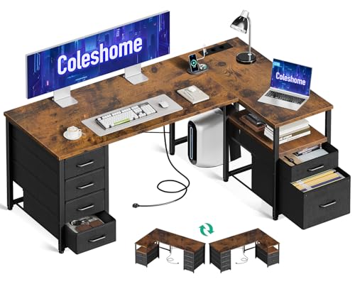 Coleshome Schreibtisch mit Stoff Schubladen, Umkehrbarer Schreibtisch L Form mit Aktenschublade, Eckschreibtisch mit USB-Ladeanschluss und Steckdose, Home Office Schreibtische (Braun, 140x70cm) von Coleshome