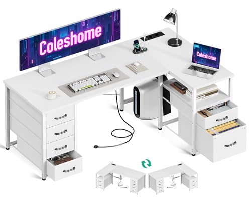 Coleshome Schreibtisch mit Stoff Schubladen, Umkehrbarer Schreibtisch L Form mit Aktenschublade, Eckschreibtisch mit USB-Ladeanschluss und Steckdose, Home Office Schreibtische (Weiß, 140X70cm) von Coleshome