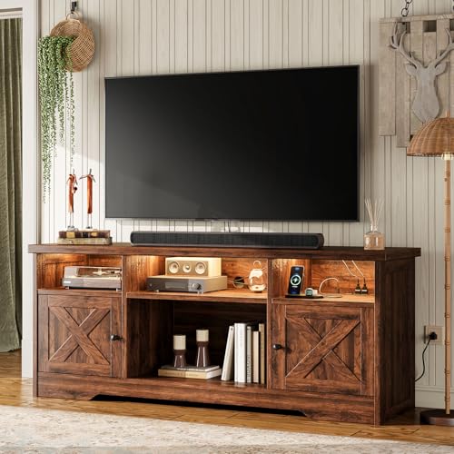 Coleshome TV Schrank, Lowboard mit Steckdosen, USB und LED, TV Board mit 4 Offenen Fächern und 2 Schränken Eignet er Sich, Fernsehtisch für Wohn- und Schlafzimmer, 150 x 35 x 65cm, Nussbaum von Coleshome