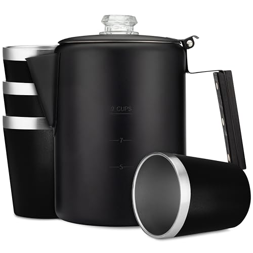 COLETTI Black Coat Bozeman & Scouts – Camping-Kaffeekanne & Edelstahlbecher – Amerikas schlankster Perkolator – Reiner Edelstahl [Schwarzer Mantel, 9 Tassen Perkolator, 284 ml Tassen] von Coletti