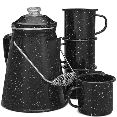 COLETTI Klassisches Emaille-Set Kaffee-Perkolator und -becher – die nostalgischste Camping-Kaffeekanne, jetzt modernisiert [schwarze Emaille, 12-Tassen-Perkolator-Kaffeekanne & Set mit 4 Tassen] von Coletti