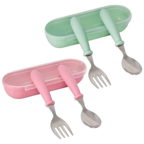 Baby Besteckset, Baby Gabel und Löffel Set, Edelstahl Kleinkind Utensilien Löffel Gabel Geschirr Set mit Aufbewahrungsbox für Baby Kleinkind Selbstfütterung (Rosa+Grün) von Colexy