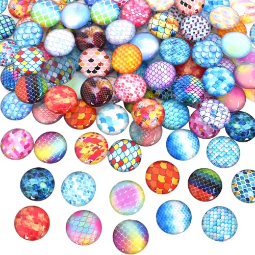 Colexy 14mm Glassteine Fischschuppen Bunte, 100 Stück Glas-Cabochons, Fantasy Glassteine Gemischte Farbe Bunt Steine, Fischschuppen Farbtextur Glassteine für DIY &Schmuckherstellung (02) von Colexy