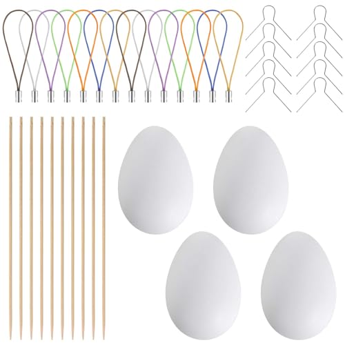 Colexy 25Pcs Deko Eier Ostern Plastik weiß, Ostereier zum Bemalen, Ostereier zum Aufhängen mit Seil, Kunststoff Deko Eier zum Basteln, Eier zum Bemalen und Beschriften 4x6 cm, Osterdekoration von Colexy