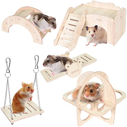 Colexy 5 Stück Hamster Spielzeug, Hamster Versteck Haus, Naturholz Hamster Kauspielzeug Set, Hamster Wippe Hamster Spielzeug Aus Holz Schaukel, Molarspielzeug Zwerghamster Zubehör für Rennmäuse Ratten von Colexy