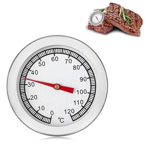 Colexy BBQ Thermometer, Grillthermometer Analog Bimetall Edelstahl 0-120°C zur Garraumtemperaturmessung für Grillen, Backen, Smoker, Ofen und Räucherofen, Silber, Ø 52 x H 58 mm, Grillzubehör von Colexy