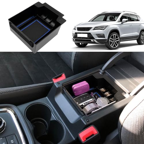 Coleya Mittelkonsole Aufbewahrungsbox Kompatibel mit Seat Ateca 2016-2024, Seat Ateca Zubehör Armlehne Organizer, Seat Ateca Mittelarmlehne Handschuhfach Mit Rutschfestermatte (Blau) von Coleya