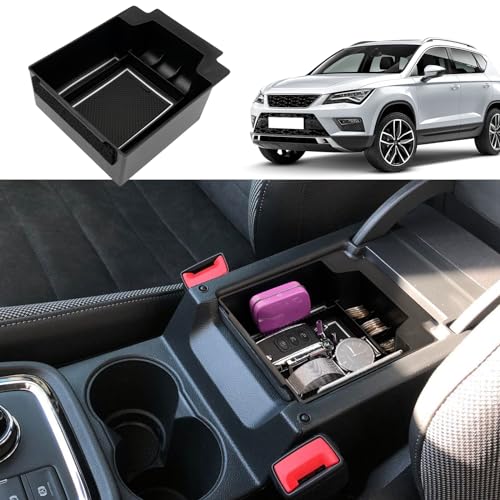Coleya Mittelkonsole Aufbewahrungsbox Kompatibel mit Seat Ateca 2016-2024, Seat Ateca Zubehör Armlehne Organizer, Seat Ateca Mittelarmlehne Handschuhfach Mit Rutschfestermatte (Weiß) von Coleya
