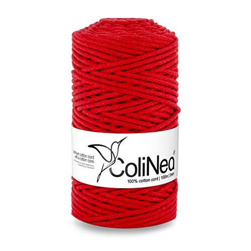 ColiNea Baumwollkordel mit Baumwollkern 3 mm 100m Baumwollgarn DIY Makramee Stricken Cotton Cord rot ideal für Makramee Handwerk Baumwollseil für Basteln von ColiNea