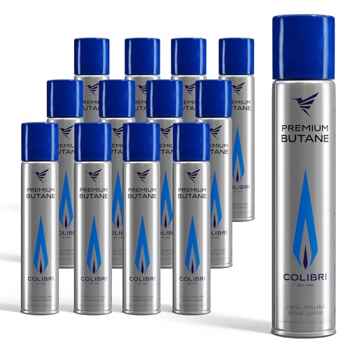 Colibri – Butangas 12 x 400 ml zum Nachfüllen von Feuerzeugen, Flambierbrennern, Küchenbrennern, Bunsenbrennern & Co – Feuerzeuggas Nachfüllflasche mit 99,9994% reinem Premium Butangas von Colibri