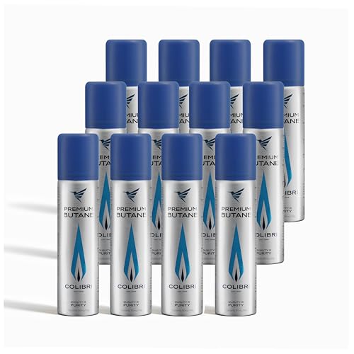 Colibri – Butangas 12 x 90 ml zum Nachfüllen von Feuerzeugen, Flambierbrennern, Küchenbrennern, Bunsenbrennern & Co – Feuerzeuggas Nachfüllflasche mit Premium Butangas im praktischen Taschenformat von Colibri