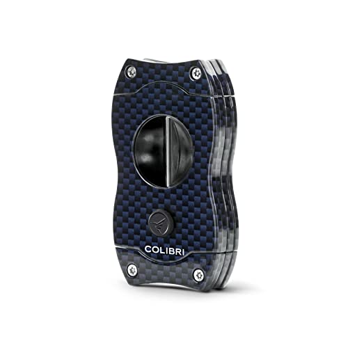 Colibri V-Cut Zigarrenschneider | Blaues Kohlefaserdruck | Federauslöser | Tiefer 7mm V-Schnitt | Bis zu 60+ Ringmaß-Zigarren | Ergonomisches Design von Colibri